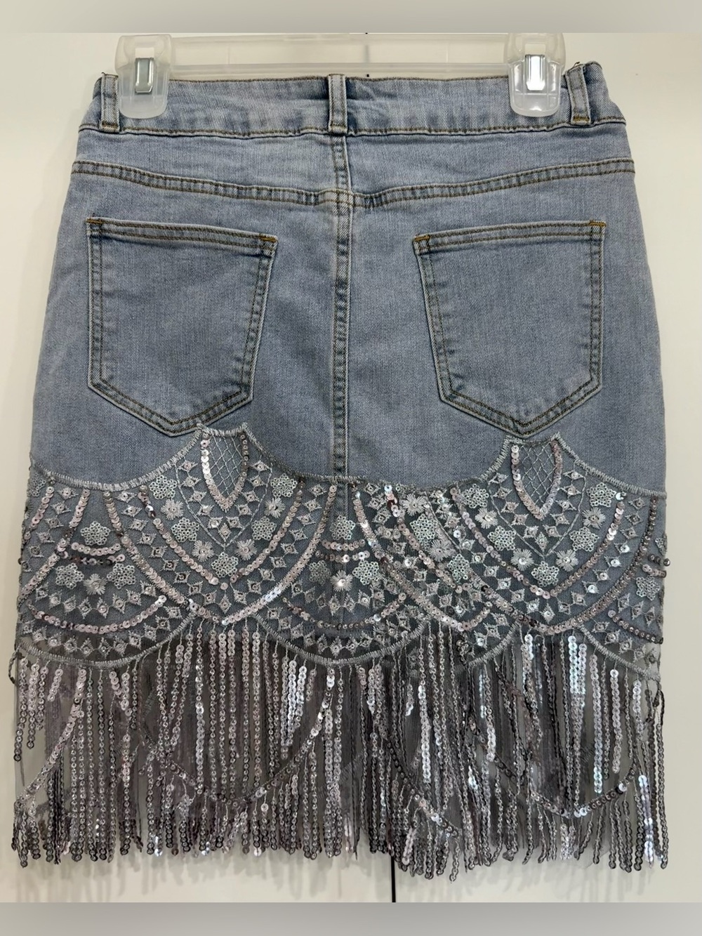 Beaded Fringe Light Blue Denim Jean Mini Skirt - Picture 3 of 4